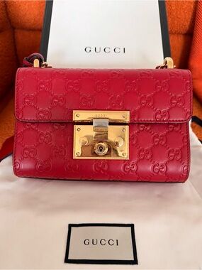 Gucci Red Embossed GG Leather Shoulder Bag with Gold Hardware